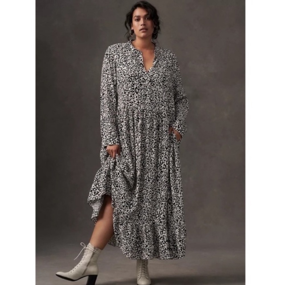 Mare Mare x Anthropologie Black White Cheetah Print Long Sleeve Midi Dress S